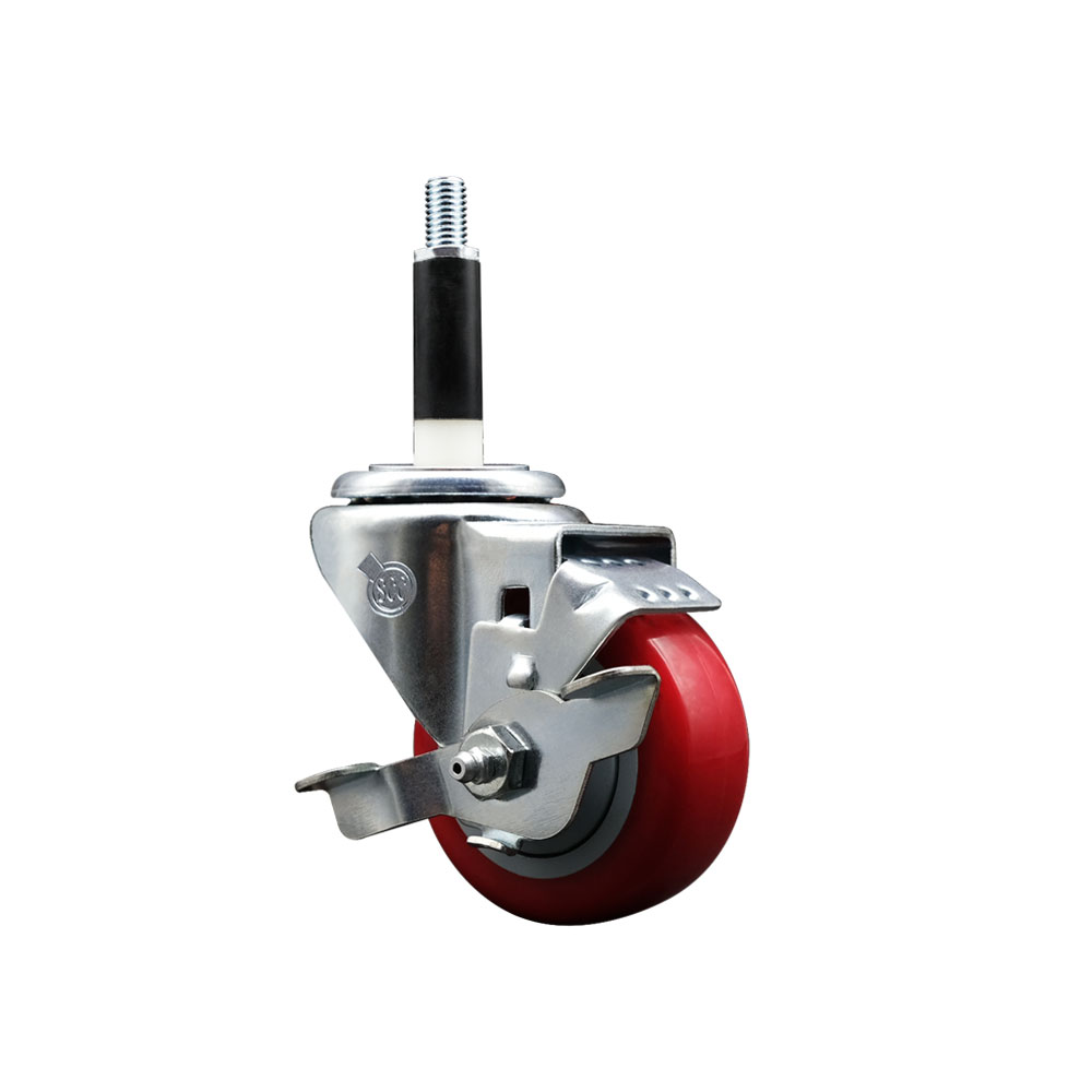 Stainless Steel Polyurethane Expanding Stem Swivel Caster with 3 Inch Red Wheel and 7/8" Stem & Top Locking Brake - 300 lbs. Capacity Per Caster - Service Caster Brand — photo 1