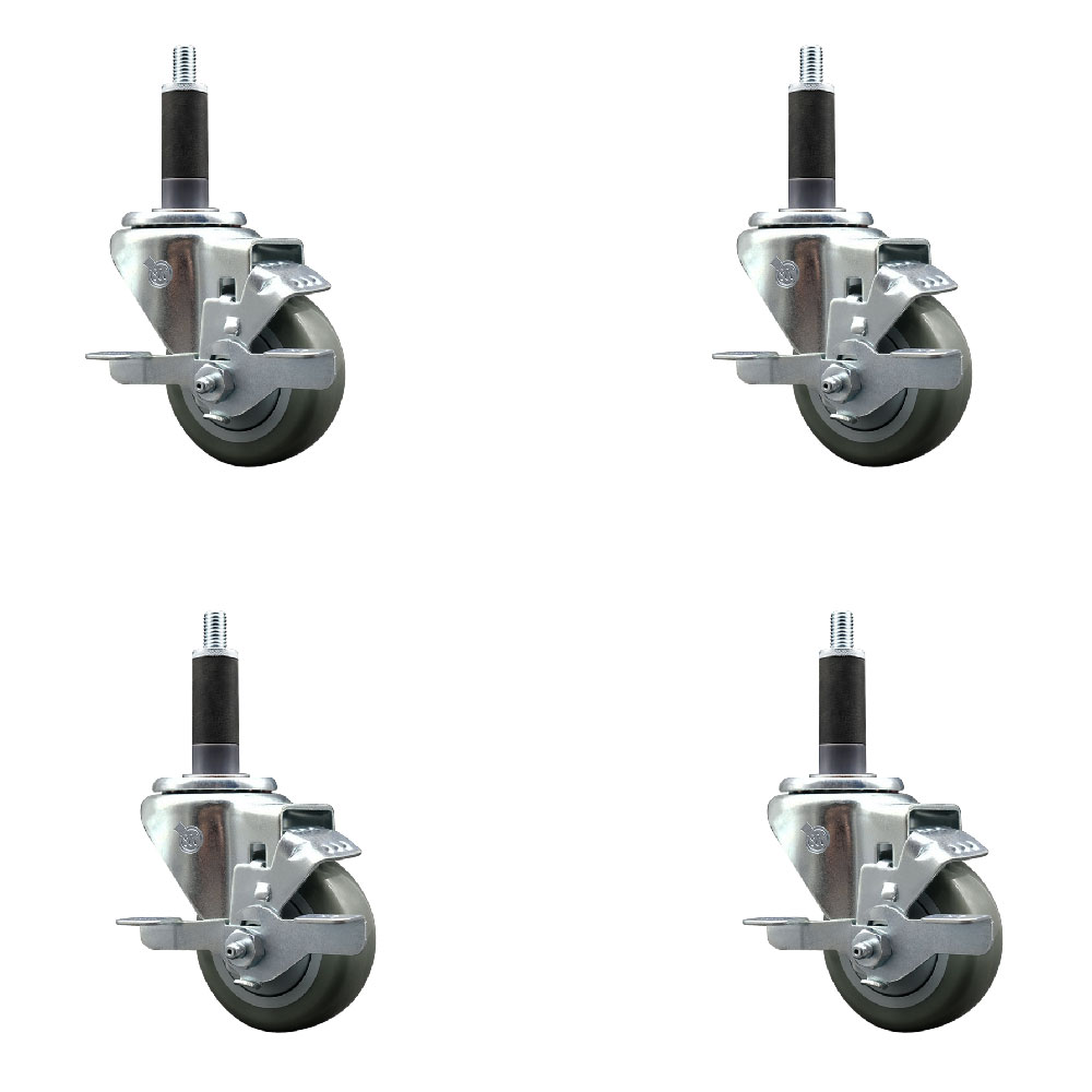 Polyurethane Swivel Expanding Stem Caster Set of 4 with 3 Inch Gray Wheels and 1" Stems - Includes 4 Swivel with Top Locking Brakes - 300 lbs. Capacity Per Caster - Service Caster Brand — photo 1