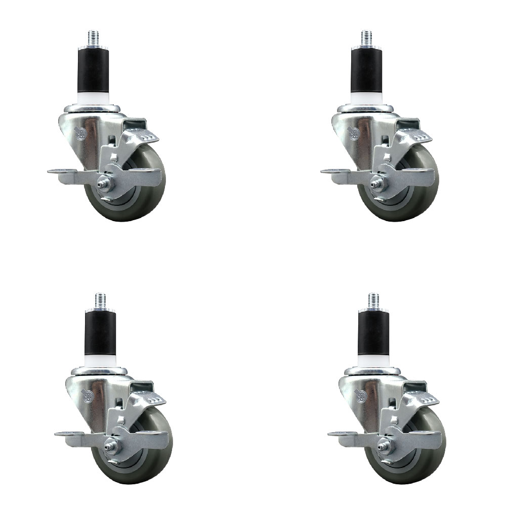 Polyurethane Swivel Expanding Stem Caster Set of 4 with 3 Inch Gray Wheels and 1-1/2" Stems - Includes 4 Swivel with Top Locking Brakes - 300 lbs. Capacity Per Caster - Service Caster Brand — photo 1