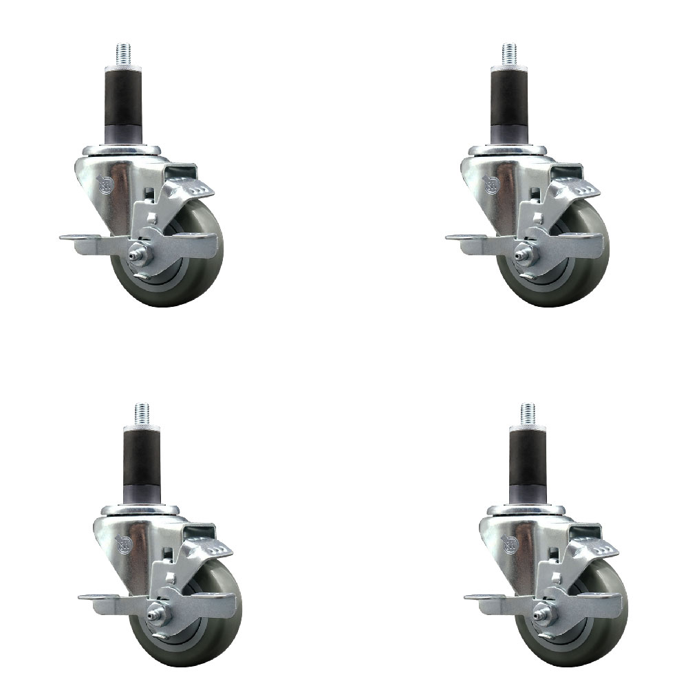Stainless Steel Polyurethane Swivel Expanding Stem Caster Set of 4 with 3 Inch Gray Wheels and 1-1/4" Stems - 4 Swivel with Top Locking Brakes - 300 lbs. Capacity Per Caster - Service Caster Brand — photo 1
