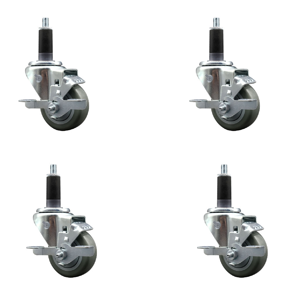 Polyurethane Swivel Expanding Stem Caster Set of 4 with 3 Inch Gray Wheels and 1-1/8" Stems - Includes 4 Swivel with Top Locking Brakes - 300 lbs. Capacity Per Caster - Service Caster Brand — photo 1