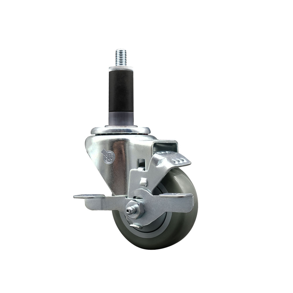 Polyurethane Expanding Stem Swivel Caster with 3 Inch Gray Wheel and 1-1/8" Stem & Top Locking Brake - 300 lbs. Capacity Per Caster - Service Caster Brand — photo 1