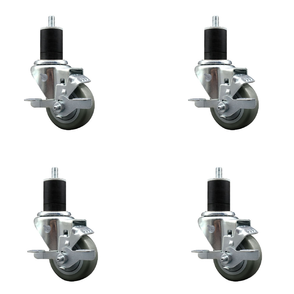 Stainless Steel Polyurethane Swivel Expanding Stem Caster Set of 4 with 3 Inch Gray Wheels and 1-3/4" Stems - 4 Swivel with Top Locking Brakes - 300 lbs. Capacity Per Caster - Service Caster Brand — photo 1