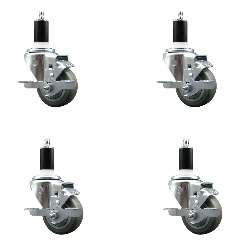 Polyurethane Swivel Expanding Stem Caster Set of 4 with 3 Inch Gray Wheels and 1-3/8" Stems - Includes 4 Swivel with Top Locking Brakes - 300 lbs. Capacity Per Caster - Service Caster Brand — photo 1