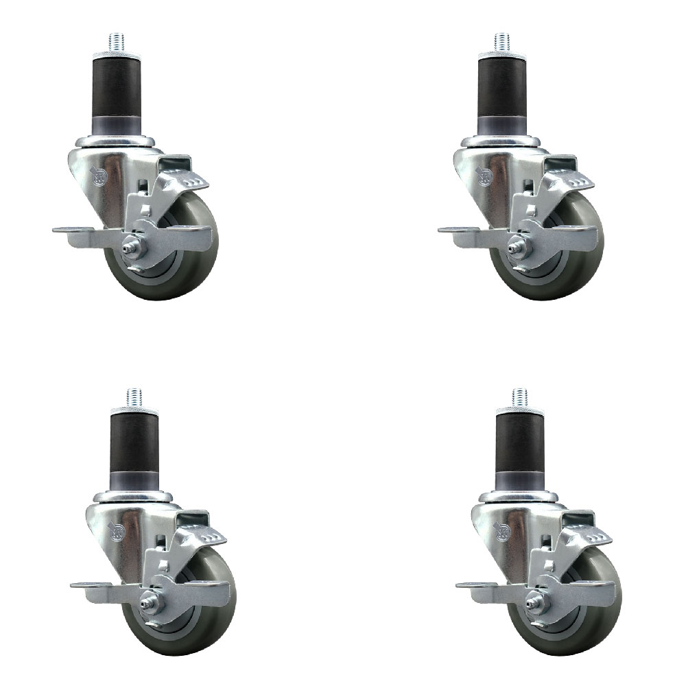 Stainless Steel Polyurethane Swivel Expanding Stem Caster Set of 4 with 3 Inch Gray Wheels and 1-5/8" Stems - 4 Swivel with Top Locking Brakes - 300 lbs. Capacity Per Caster - Service Caster Brand — photo 1