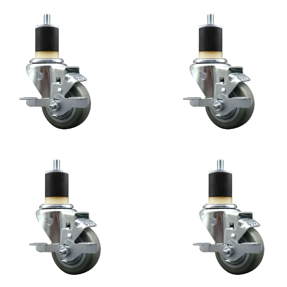 Stainless Steel Polyurethane Swivel Expanding Stem Caster Set of 4 with 3 Inch Gray Wheels and 1-7/8" Stems - 4 Swivel with Top Locking Brakes - 300 lbs. Capacity Per Caster - Service Caster Brand — photo 1