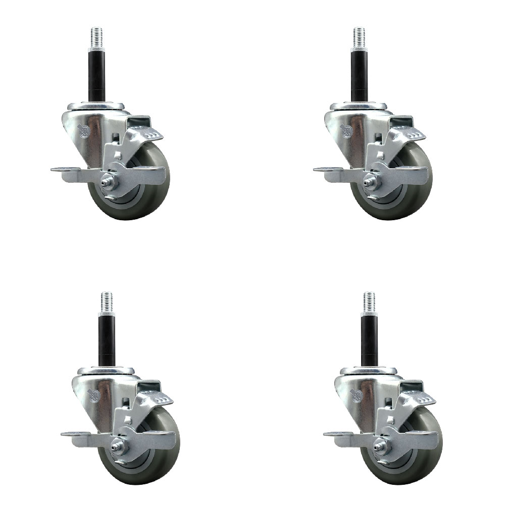 Polyurethane Swivel Expanding Stem Caster Set of 4 with 3 Inch Gray Wheels and 3/4" Stems - Includes 4 Swivel with Top Locking Brakes - 300 lbs. Capacity Per Caster - Service Caster Brand — photo 1
