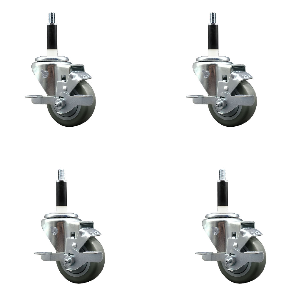 Stainless Steel Polyurethane Swivel Expanding Stem Caster Set of 4 with 3 Inch Gray Wheels and 7/8" Stems - 4 Swivel with Top Locking Brakes - 300 lbs. Capacity Per Caster - Service Caster Brand — photo 1