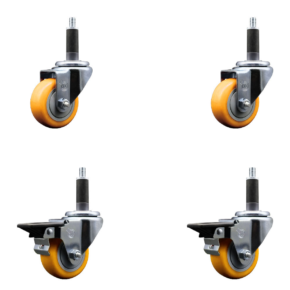 Polyurethane Swivel Expanding Stem Caster Set of 4 with 3 Inch Yellow Wheels and 1" Stems - Includes 2 with Posi Locking Brakes - 1200 lbs Total Capacity - Service Caster Brand — photo 1