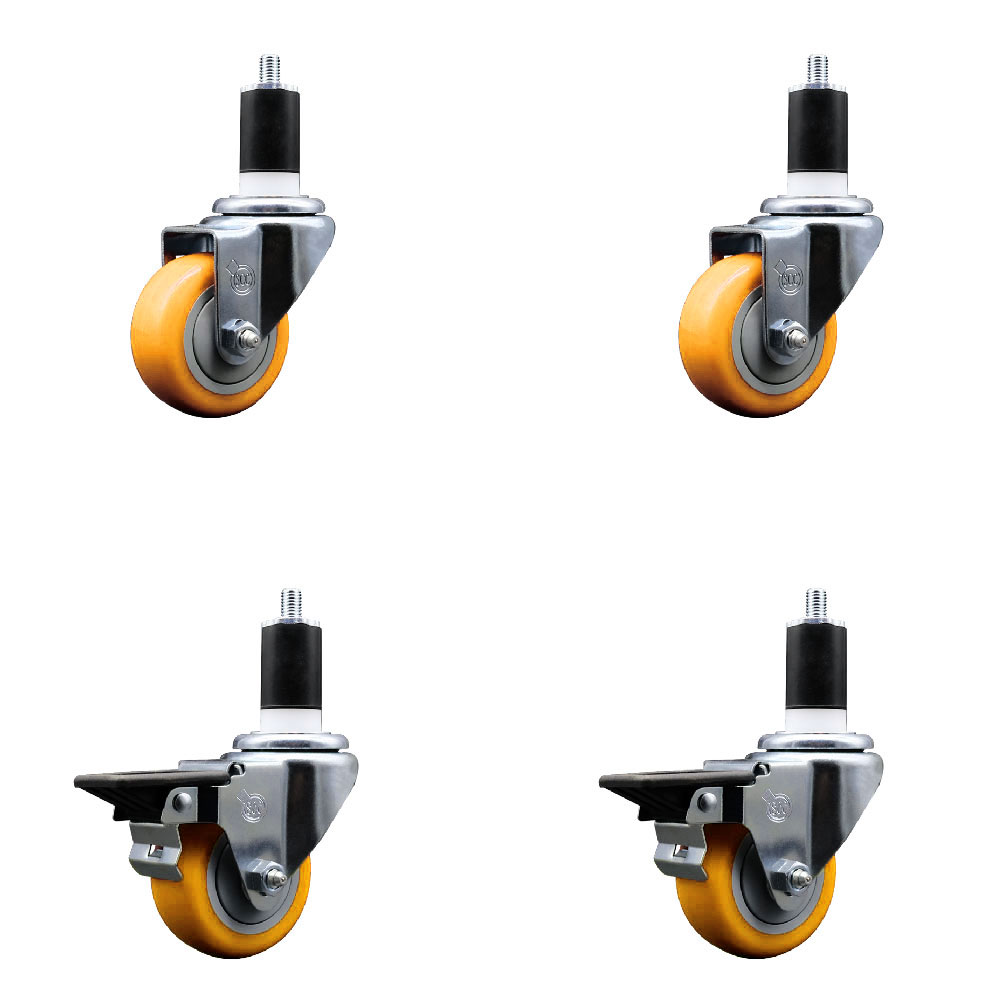 Polyurethane Swivel Expanding Stem Caster Set of 4 with 3 Inch Yellow Wheels and 1-1/2" Stems - Includes 2 with Posi Locking Brakes - 1200 lbs Total Capacity - Service Caster Brand — photo 1