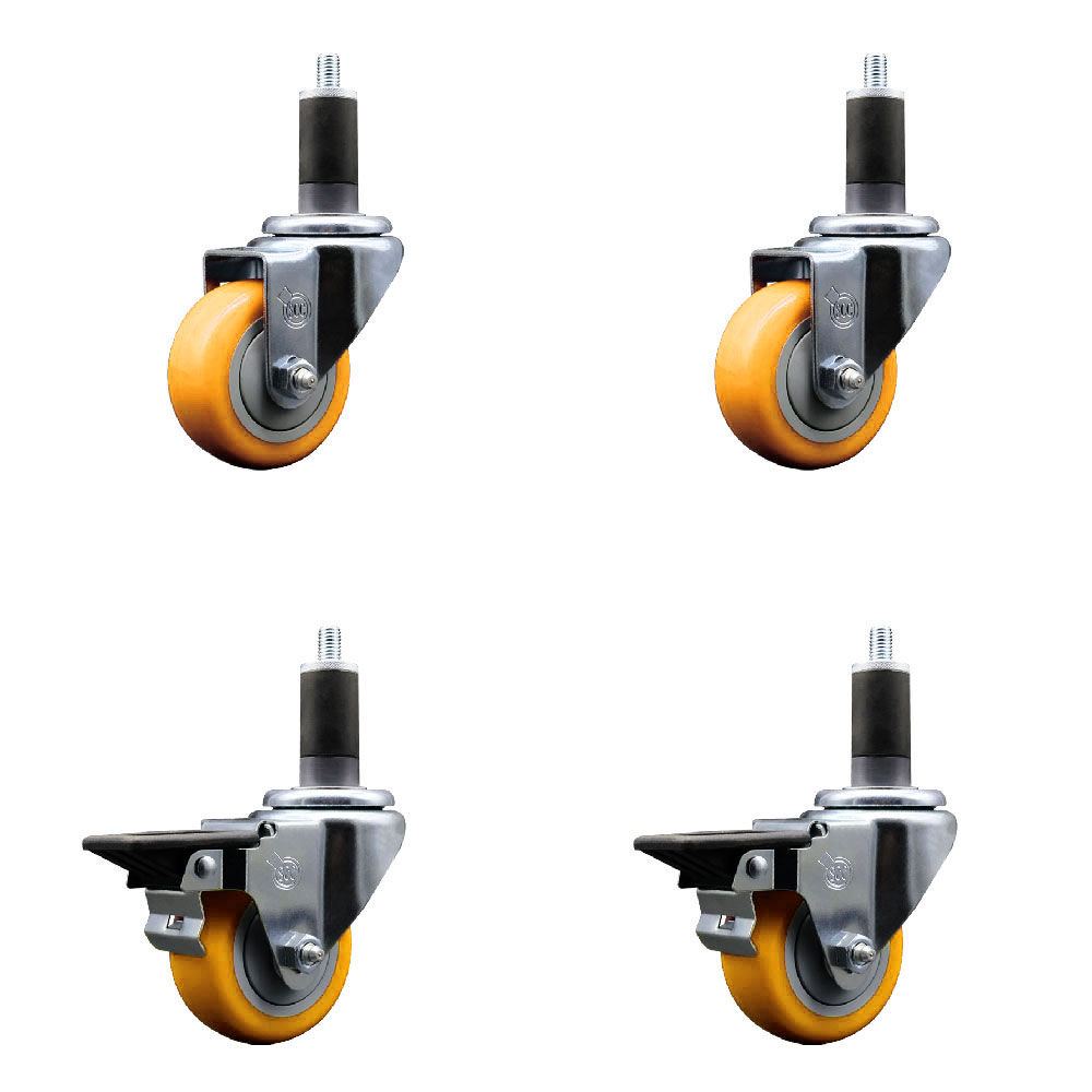 Polyurethane Swivel Expanding Stem Caster Set of 4 with 3 Inch Yellow Wheels and 1-1/4" Stems - Includes 2 with Posi Locking Brakes - 1200 lbs Total Capacity - Service Caster Brand — photo 1