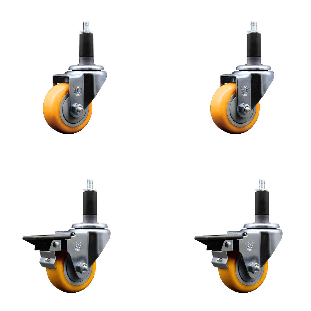 Polyurethane Swivel Expanding Stem Caster Set of 4 with 3 Inch Yellow Wheels and 1-1/8" Stems - Includes 2 with Posi Locking Brakes - 1200 lbs Total Capacity - Service Caster Brand — photo 1