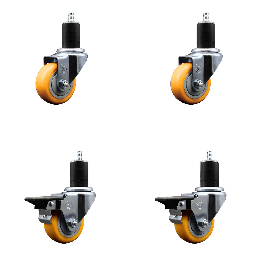 Polyurethane Swivel Expanding Stem Caster Set of 4 with 3 Inch Yellow Wheels and 1-3/4" Stems - Includes 2 with Posi Locking Brakes - 1200 lbs Total Capacity - Service Caster Brand — photo 1