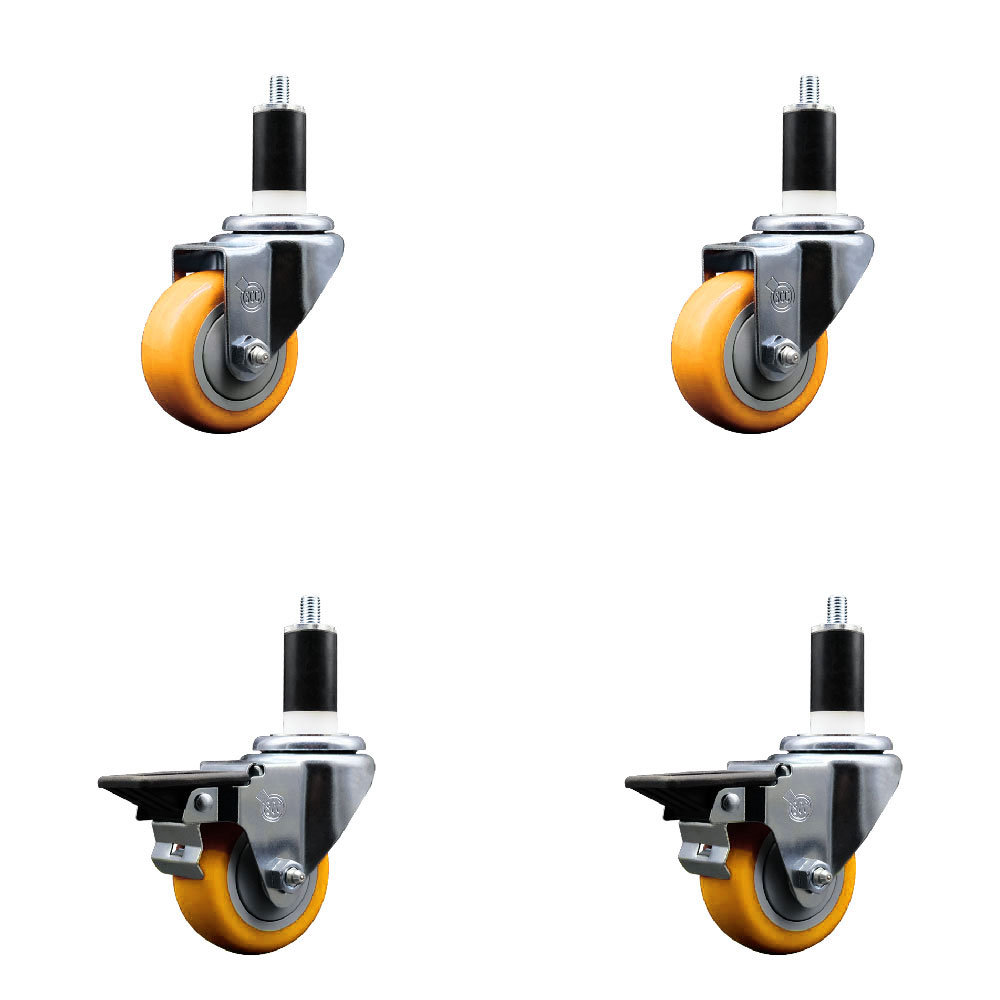 Polyurethane Swivel Expanding Stem Caster Set of 4 with 3 Inch Yellow Wheels and 1-3/8" Stems - Includes 2 with Posi Locking Brakes - 1200 lbs Total Capacity - Service Caster Brand — photo 1