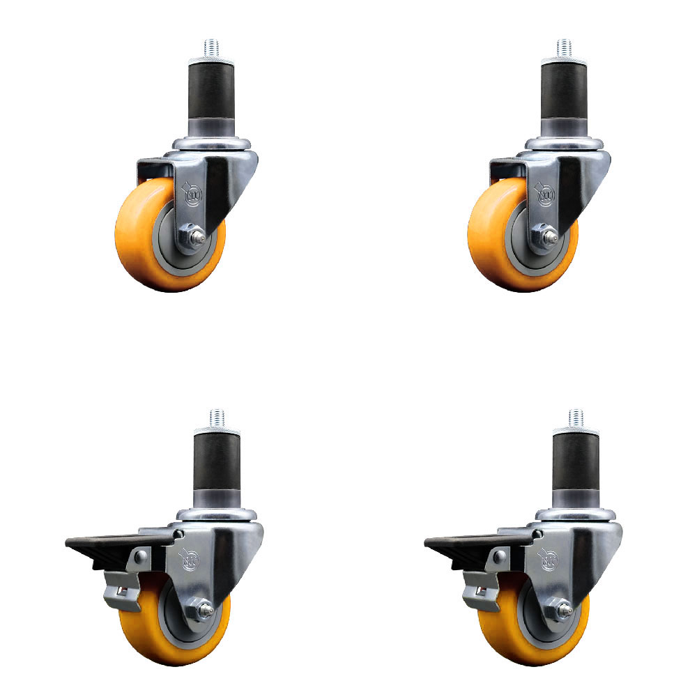 Polyurethane Swivel Expanding Stem Caster Set of 4 with 3 Inch Yellow Wheels and 1-5/8" Stems - Includes 2 with Posi Locking Brakes - 1200 lbs Total Capacity - Service Caster Brand — photo 1