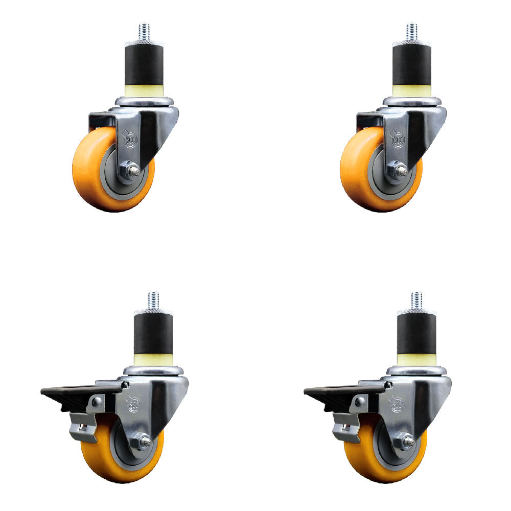 Polyurethane Swivel Expanding Stem Caster Set of 4 with 3 Inch Yellow Wheels and 1-7/8" Stems - Includes 2 with Posi Locking Brakes - 1200 lbs Total Capacity - Service Caster Brand — photo 1