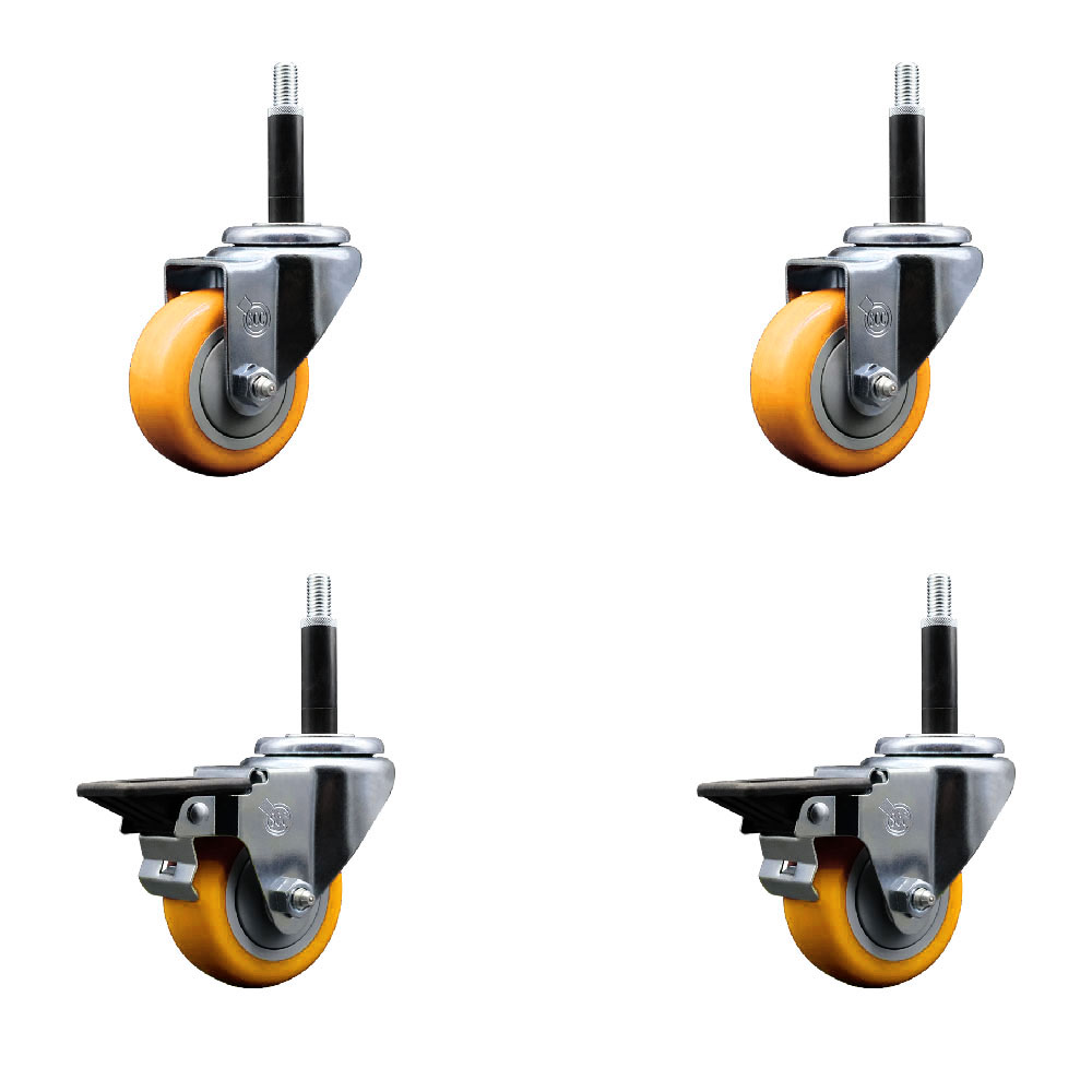 Polyurethane Swivel Expanding Stem Caster Set of 4 with 3 Inch Yellow Wheels and 3/4" Stems - Includes 2 with Posi Locking Brakes - 1200 lbs Total Capacity - Service Caster Brand — photo 1