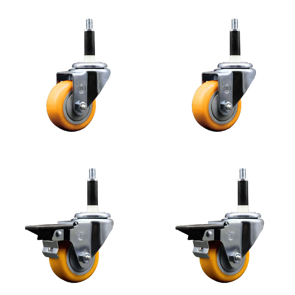 Polyurethane Swivel Expanding Stem Caster Set of 4 with 3 Inch Yellow Wheels and 7/8" Stems - Includes 2 with Posi Locking Brakes - 1200 lbs Total Capacity - Service Caster Brand — photo 1