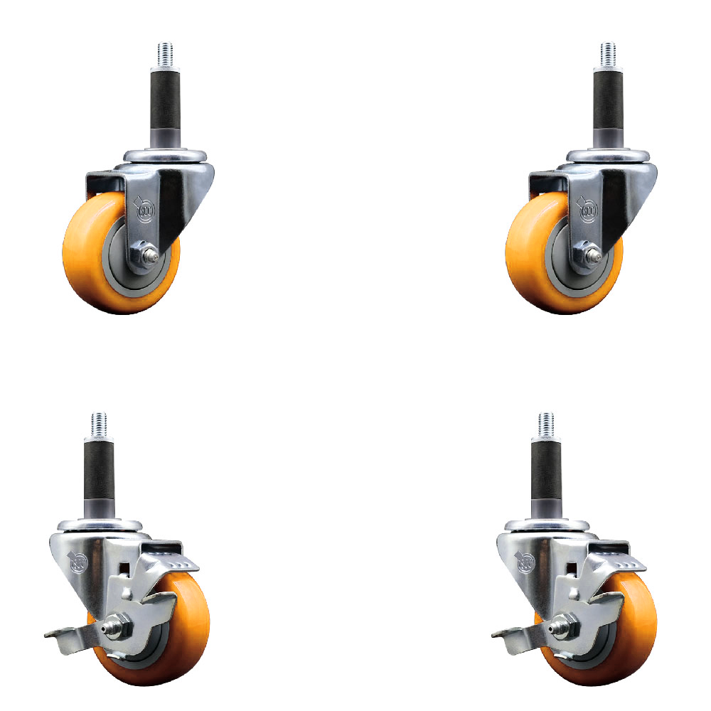 Stainless Steel Polyurethane Swivel Expanding Stem Caster Set of 4 with 3 Inch Yellow Wheels and 1" Stems - Includes 2 with Top Locking Brakes - 1200 lbs Total Capacity - Service Caster Brand — photo 1