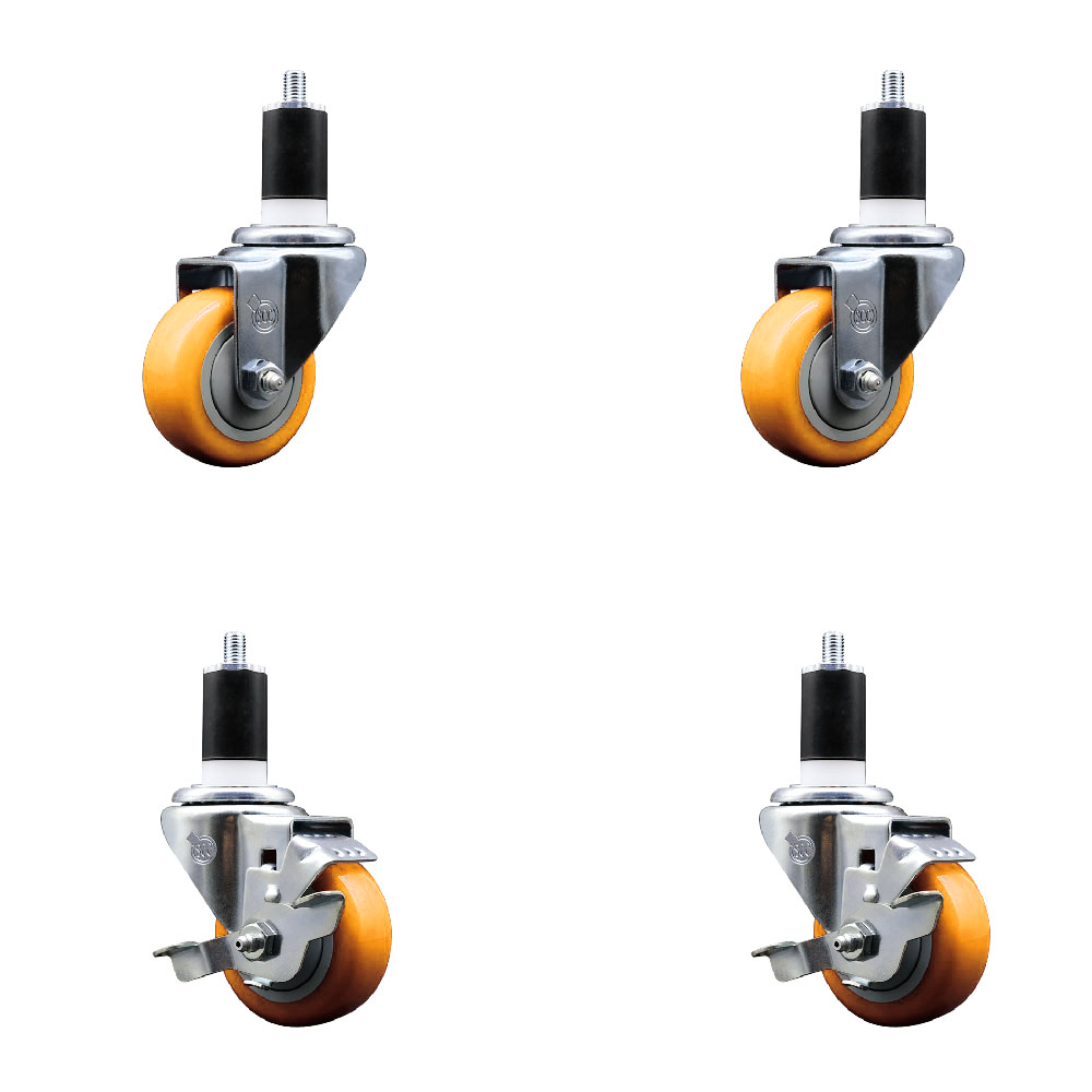Polyurethane Swivel Expanding Stem Caster Set of 4 with 3 Inch Yellow Wheels and 1-1/2" Stems - Includes 2 with Top Locking Brakes - 1200 lbs Total Capacity - Service Caster Brand — photo 1