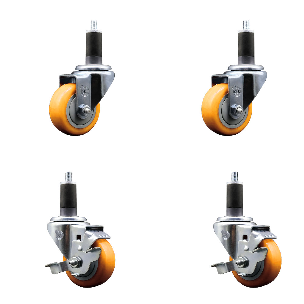 Polyurethane Swivel Expanding Stem Caster Set of 4 with 3 Inch Yellow Wheels and 1-1/4" Stems - Includes 2 with Top Locking Brakes - 1200 lbs Total Capacity - Service Caster Brand — photo 1
