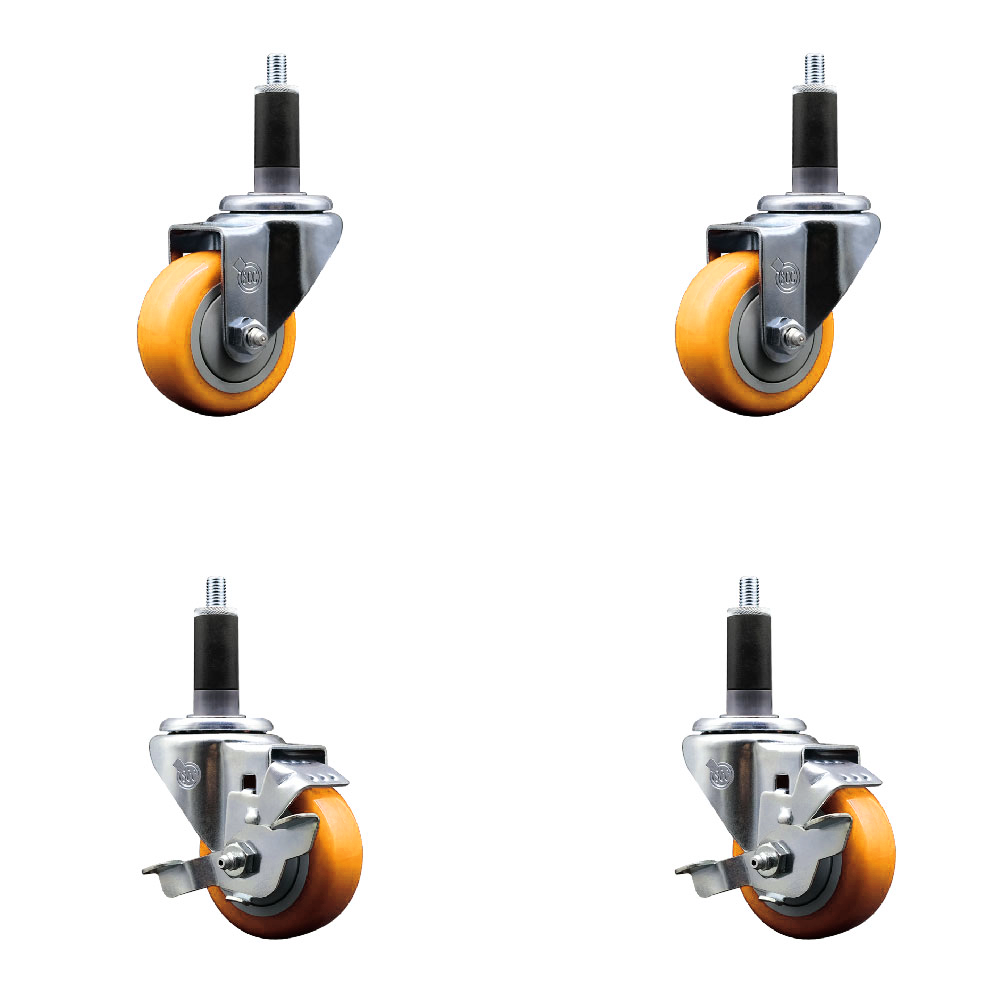 Stainless Steel Polyurethane Swivel Expanding Stem Caster Set of 4 with 3 Inch Yellow Wheels and 1-1/8" Stems - Includes 2 with Top Locking Brakes - 1200 lbs Total Capacity - Service Caster Brand — photo 1