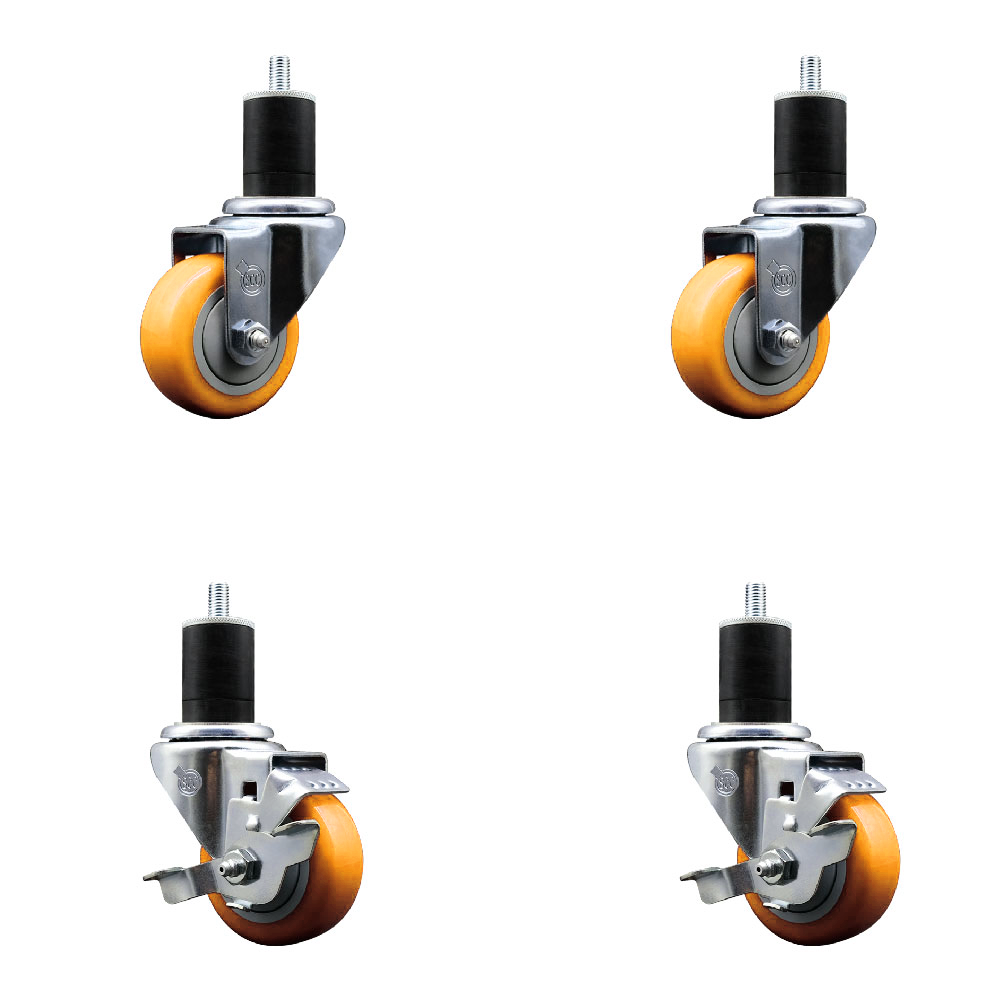 Stainless Steel Polyurethane Swivel Expanding Stem Caster Set of 4 with 3 Inch Yellow Wheels and 1-3/4" Stems - Includes 2 with Top Locking Brakes - 1200 lbs Total Capacity - Service Caster Brand — photo 1