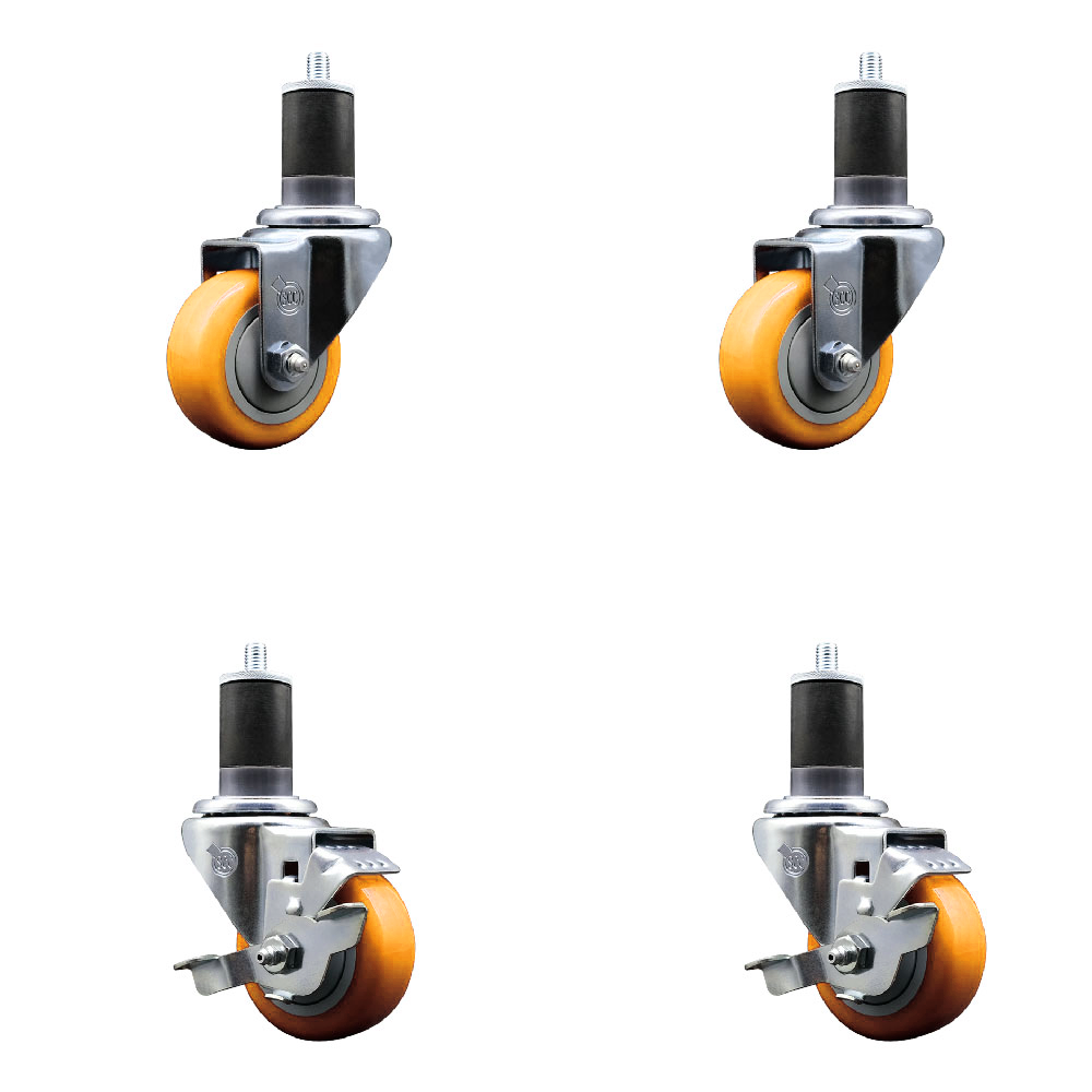 Stainless Steel Polyurethane Swivel Expanding Stem Caster Set of 4 with 3 Inch Yellow Wheels and 1-5/8" Stems - Includes 2 with Top Locking Brakes - 1200 lbs Total Capacity - Service Caster Brand — photo 1