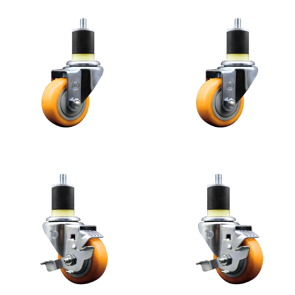 Stainless Steel Polyurethane Swivel Expanding Stem Caster Set of 4 with 3 Inch Yellow Wheels and 1-7/8" Stems - Includes 2 with Top Locking Brakes - 1200 lbs Total Capacity - Service Caster Brand — photo 1