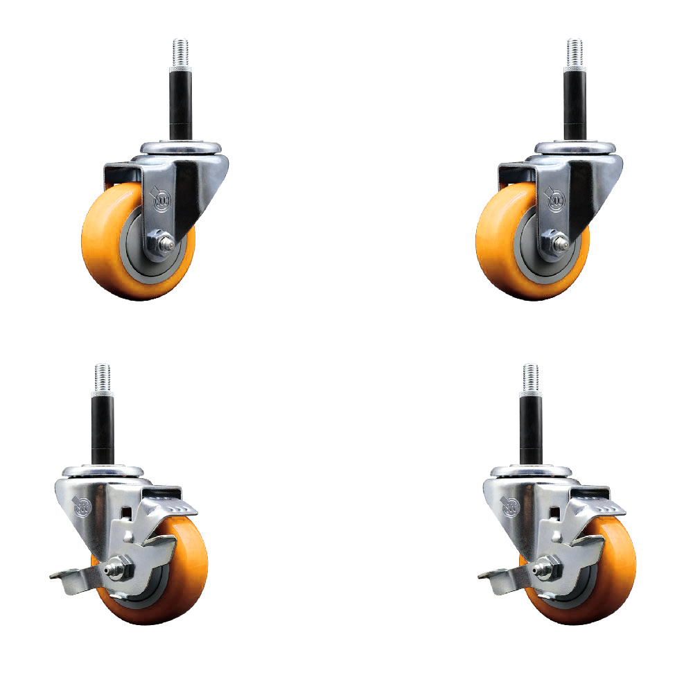 Polyurethane Swivel Expanding Stem Caster Set of 4 with 3 Inch Yellow Wheels and 3/4" Stems - Includes 2 with Top Locking Brakes - 1200 lbs Total Capacity - Service Caster Brand — photo 1