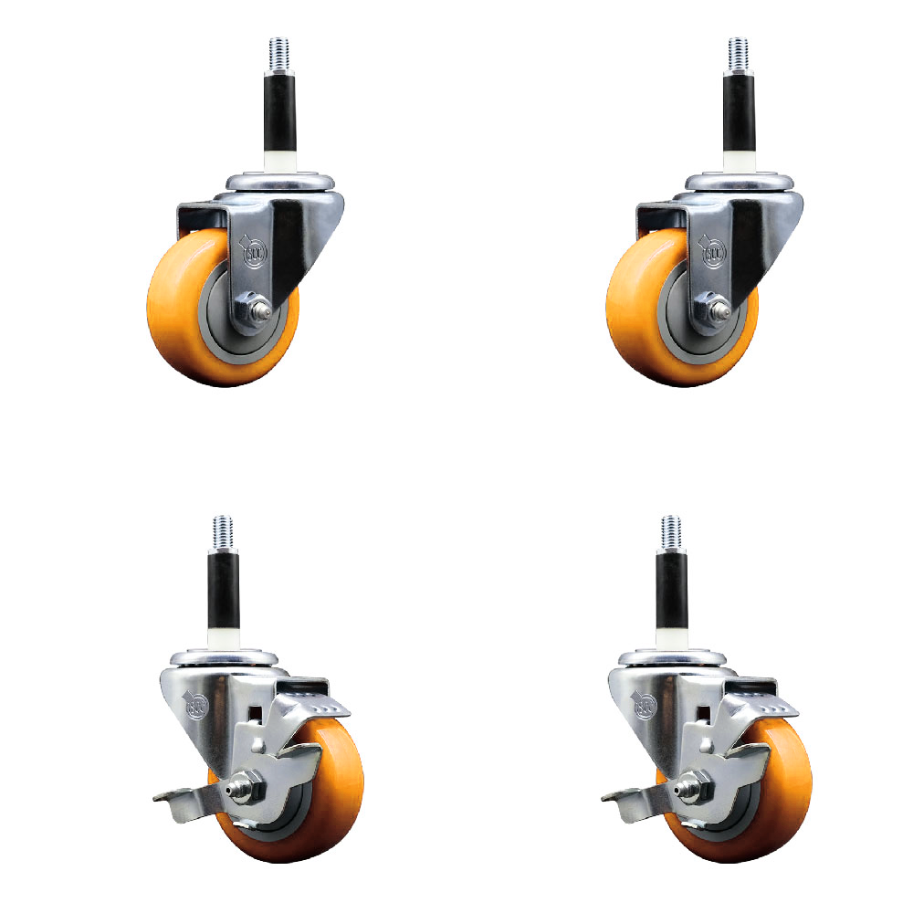 Stainless Steel Polyurethane Swivel Expanding Stem Caster Set of 4 with 3 Inch Yellow Wheels and 7/8" Stems - Includes 2 with Top Locking Brakes - 1200 lbs Total Capacity - Service Caster Brand — photo 1