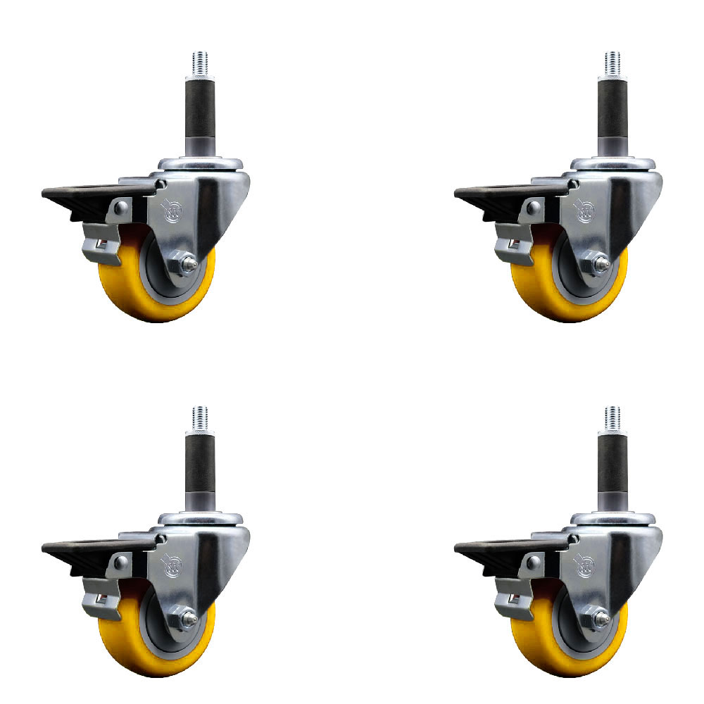 Polyurethane Swivel Expanding Stem Caster Set of 4 with 3 Inch Yellow Wheels and 1" Stems - Includes 4 Swivel with Posi Locking Brakes - 300 lbs. Capacity Per Caster - Service Caster Brand — photo 1