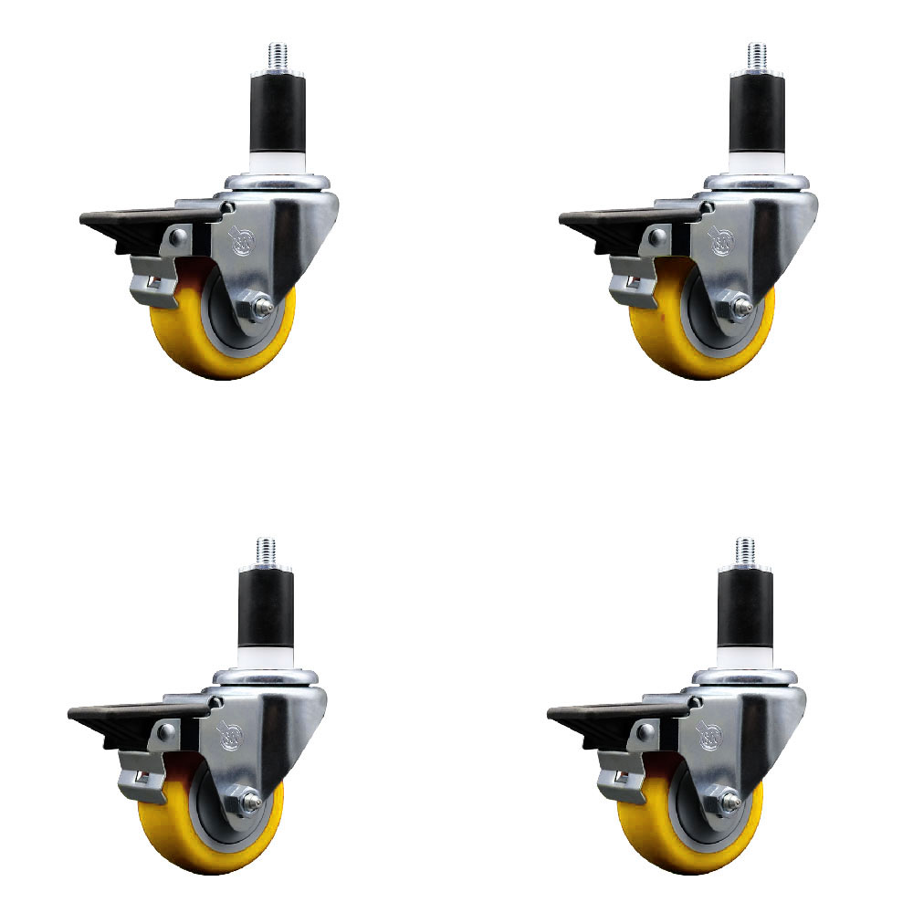 Polyurethane Swivel Expanding Stem Caster Set of 4 with 3 Inch Yellow Wheels and 1-1/2" Stems - Includes 4 Swivel with Posi Locking Brakes - 300 lbs. Capacity Per Caster - Service Caster Brand — photo 1