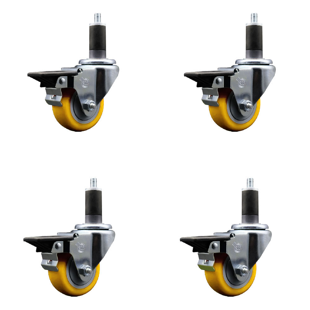 Polyurethane Swivel Expanding Stem Caster Set of 4 with 3 Inch Yellow Wheels and 1-1/4" Stems - Includes 4 Swivel with Posi Locking Brakes - 300 lbs. Capacity Per Caster - Service Caster Brand — photo 1