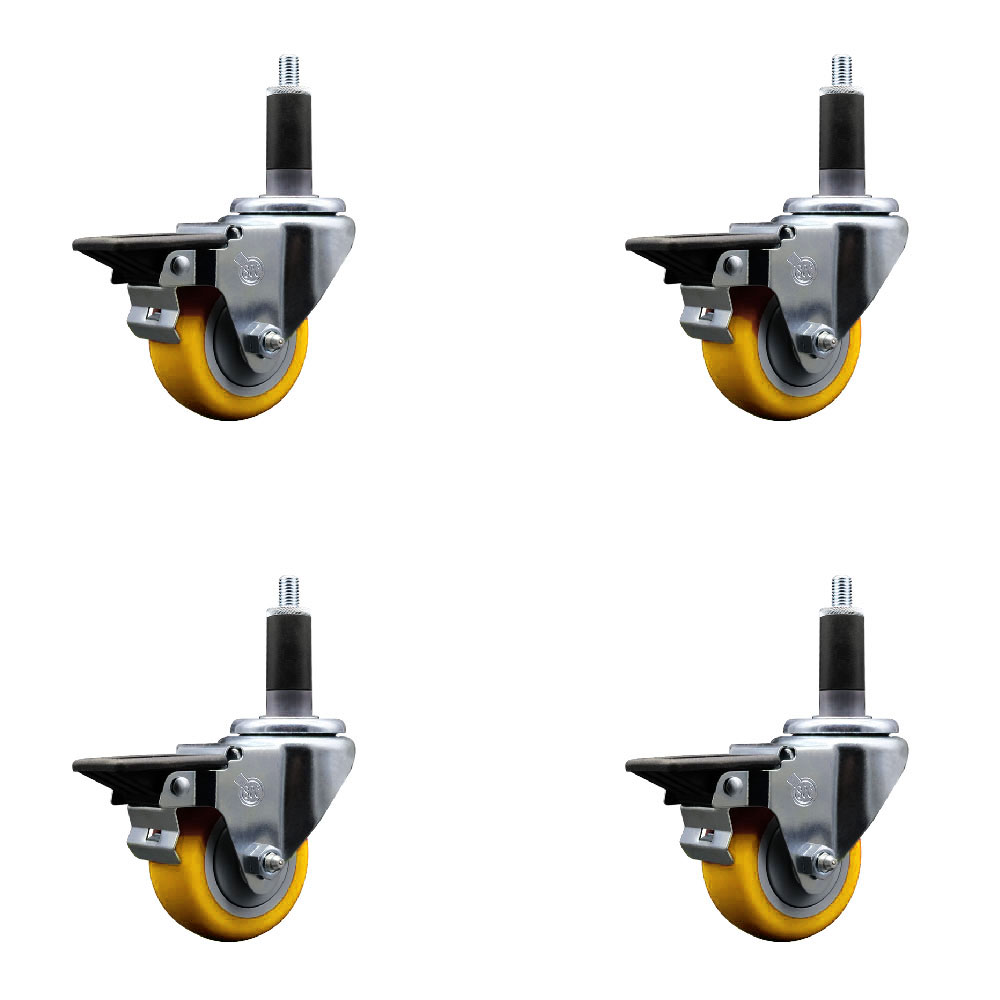 Polyurethane Swivel Expanding Stem Caster Set of 4 with 3 Inch Yellow Wheels and 1-1/8" Stems - Includes 4 Swivel with Posi Locking Brakes - 300 lbs. Capacity Per Caster - Service Caster Brand — photo 1