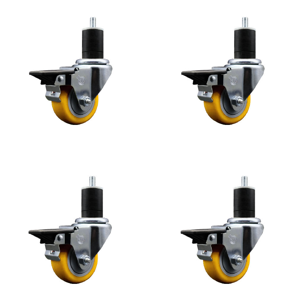 Polyurethane Swivel Expanding Stem Caster Set of 4 with 3 Inch Yellow Wheels and 1-3/4" Stems - Includes 4 Swivel with Posi Locking Brakes - 300 lbs. Capacity Per Caster - Service Caster Brand — photo 1
