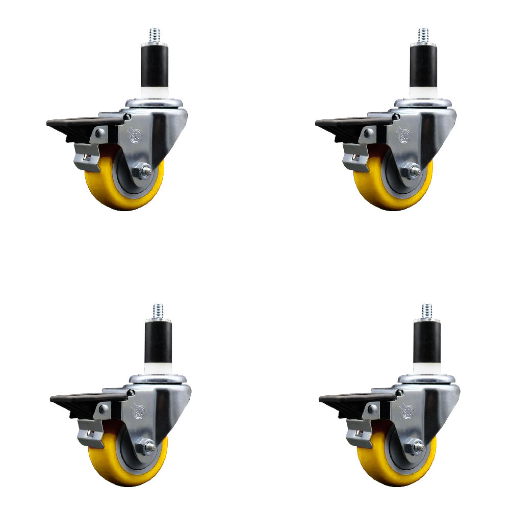 Polyurethane Swivel Expanding Stem Caster Set of 4 with 3 Inch Yellow Wheels and 1-3/8" Stems - Includes 4 Swivel with Posi Locking Brakes - 300 lbs. Capacity Per Caster - Service Caster Brand — photo 1