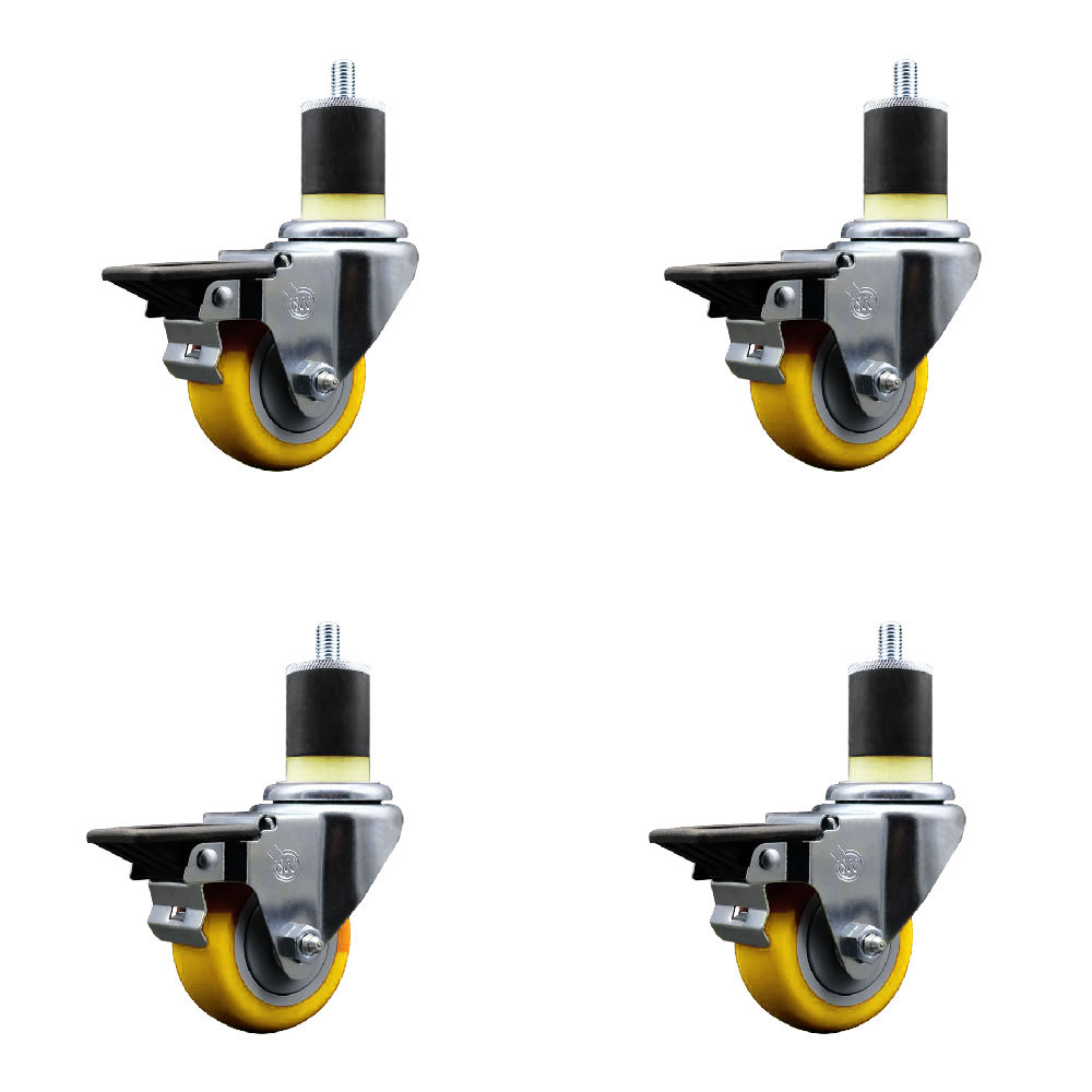 Polyurethane Swivel Expanding Stem Caster Set of 4 with 3 Inch Yellow Wheels and 1-7/8" Stems - Includes 4 Swivel with Posi Locking Brakes - 300 lbs. Capacity Per Caster - Service Caster Brand — photo 1