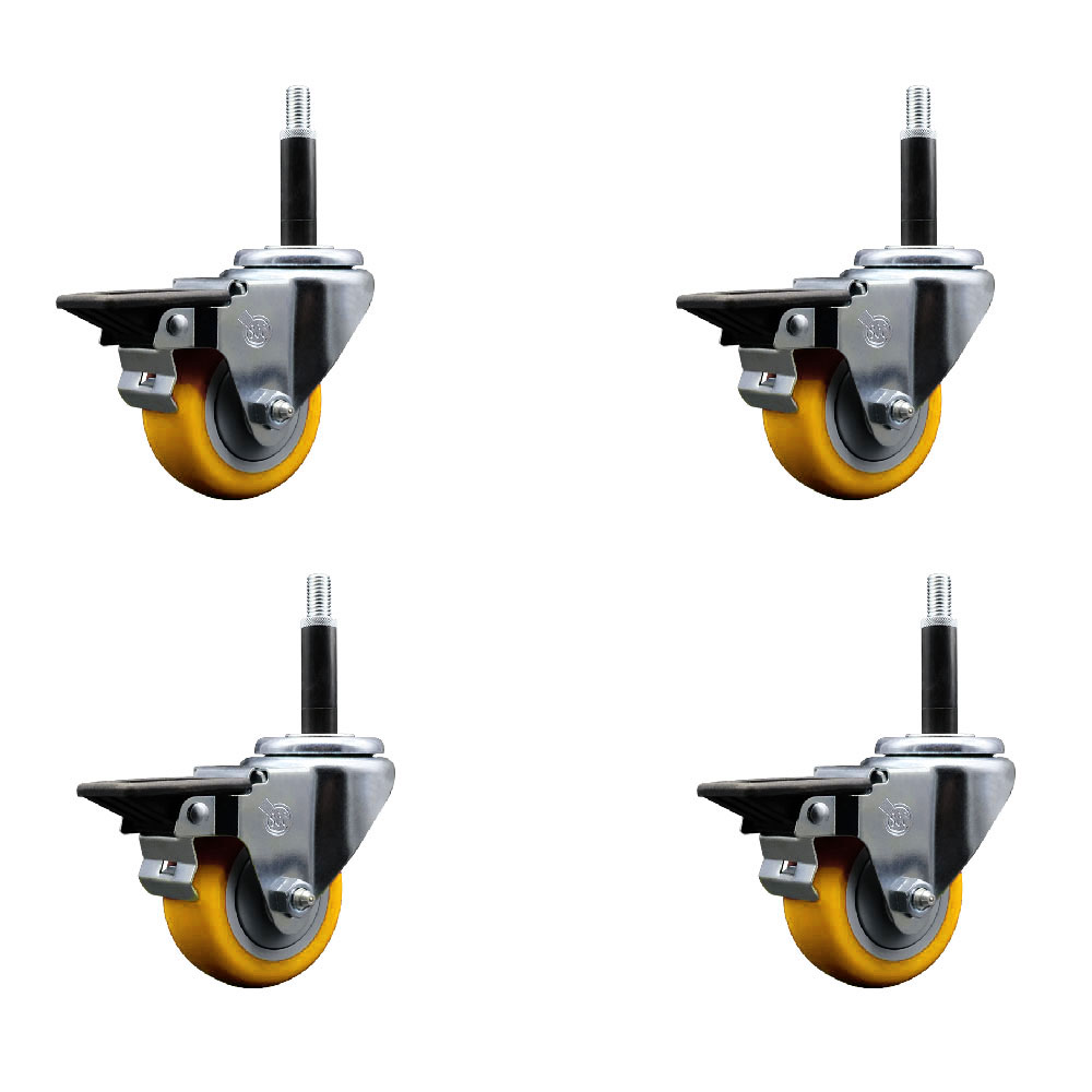 Polyurethane Swivel Expanding Stem Caster Set of 4 with 3 Inch Yellow Wheels and 3/4" Stems - Includes 4 Swivel with Posi Locking Brakes - 300 lbs. Capacity Per Caster - Service Caster Brand — photo 1