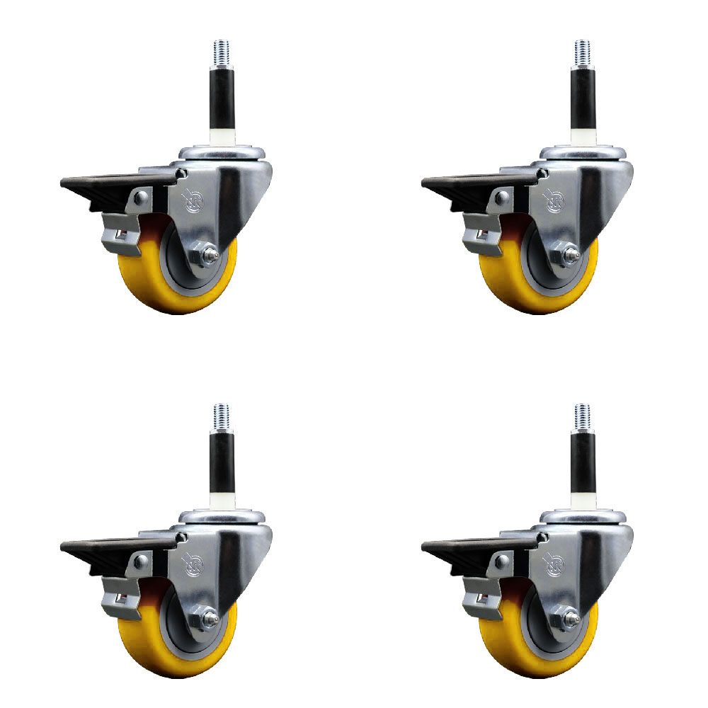 Polyurethane Swivel Expanding Stem Caster Set of 4 with 3 Inch Yellow Wheels and 7/8" Stems - Includes 4 Swivel with Posi Locking Brakes - 300 lbs. Capacity Per Caster - Service Caster Brand — photo 1