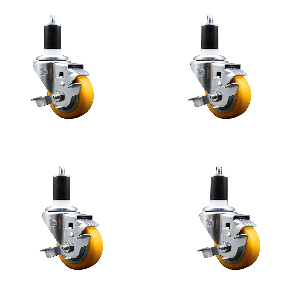 Polyurethane Swivel Expanding Stem Caster Set of 4 with 3 Inch Yellow Wheels and 1-1/2" Stems - Includes 4 Swivel with Top Locking Brakes - 300 lbs. Capacity Per Caster - Service Caster Brand — photo 1