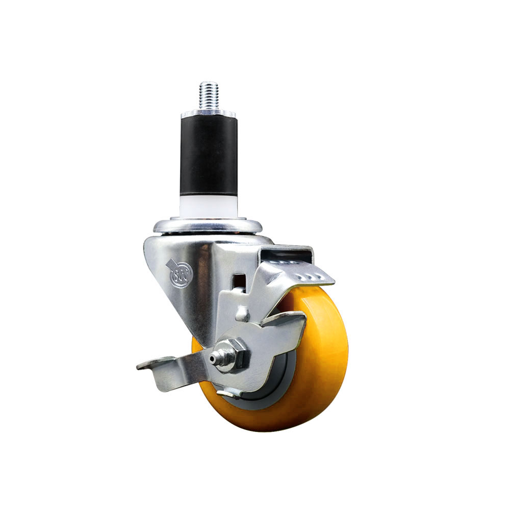 Stainless Steel Polyurethane Expanding Stem Swivel Caster with 3 Inch Yellow Wheel and 1-1/2" Stem & Top Locking Brake - 300 lbs. Capacity Per Caster - Service Caster Brand — photo 1