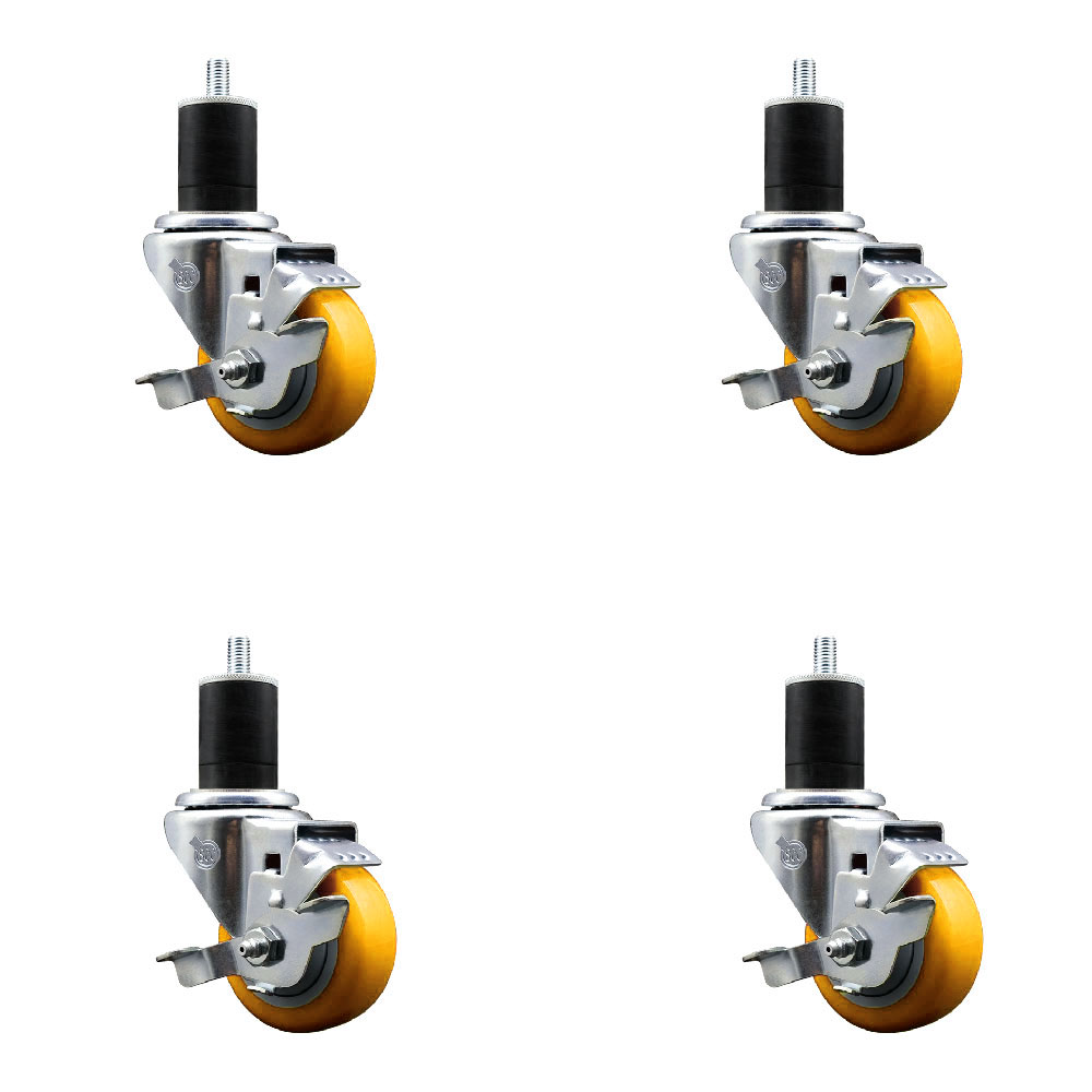 Stainless Steel Polyurethane Swivel Expanding Stem Caster Set of 4 with 3 Inch Yellow Wheels and 1-3/4" Stems-Includes 4 Swivel with Top Locking Brakes-300lbs. Capacity Per Caster-Service Caster Brand — photo 1