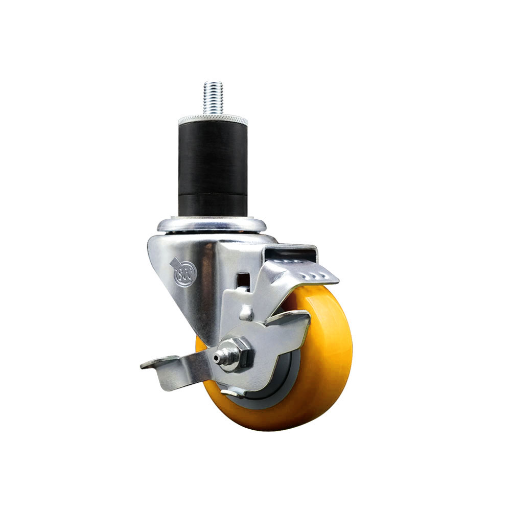 Stainless Steel Polyurethane Expanding Stem Swivel Caster with 3 Inch Yellow Wheel and 1-3/4" Stem & Top Locking Brake - 300 lbs. Capacity Per Caster - Service Caster Brand — photo 1