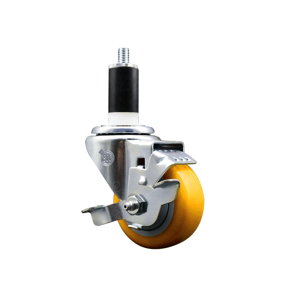Stainless Steel Polyurethane Expanding Stem Swivel Caster with 3 Inch Yellow Wheel and 1-3/8" Stem & Top Locking Brake - 300 lbs. Capacity Per Caster - Service Caster Brand — photo 1