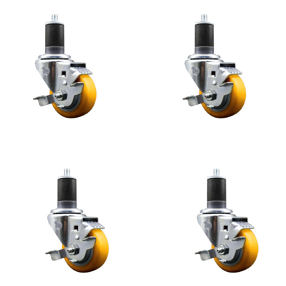 Polyurethane Swivel Expanding Stem Caster Set of 4 with 3 Inch Yellow Wheels and 1-5/8" Stems - Includes 4 Swivel with Top Locking Brakes - 300 lbs. Capacity Per Caster - Service Caster Brand — photo 1