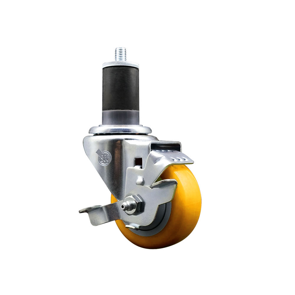 Stainless Steel Polyurethane Expanding Stem Swivel Caster with 3 Inch Yellow Wheel and 1-5/8" Stem & Top Locking Brake - 300 lbs. Capacity Per Caster - Service Caster Brand — photo 1