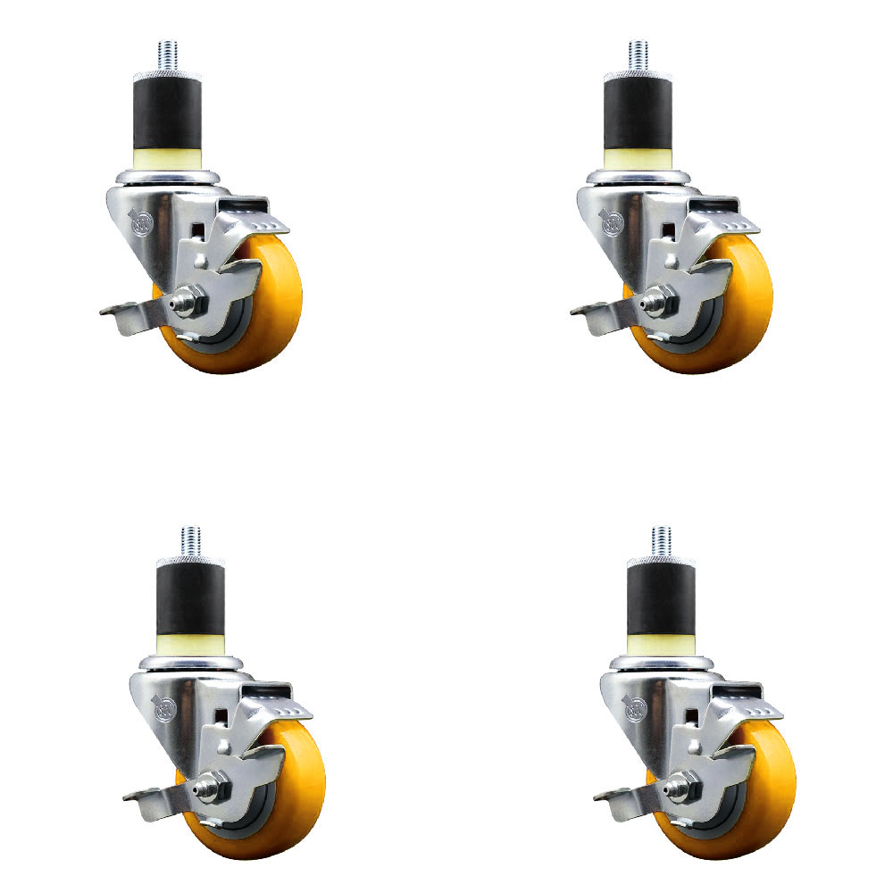 Polyurethane Swivel Expanding Stem Caster Set of 4 with 3 Inch Yellow Wheels and 1-7/8" Stems - Includes 4 Swivel with Top Locking Brakes - 300 lbs. Capacity Per Caster - Service Caster Brand — photo 1