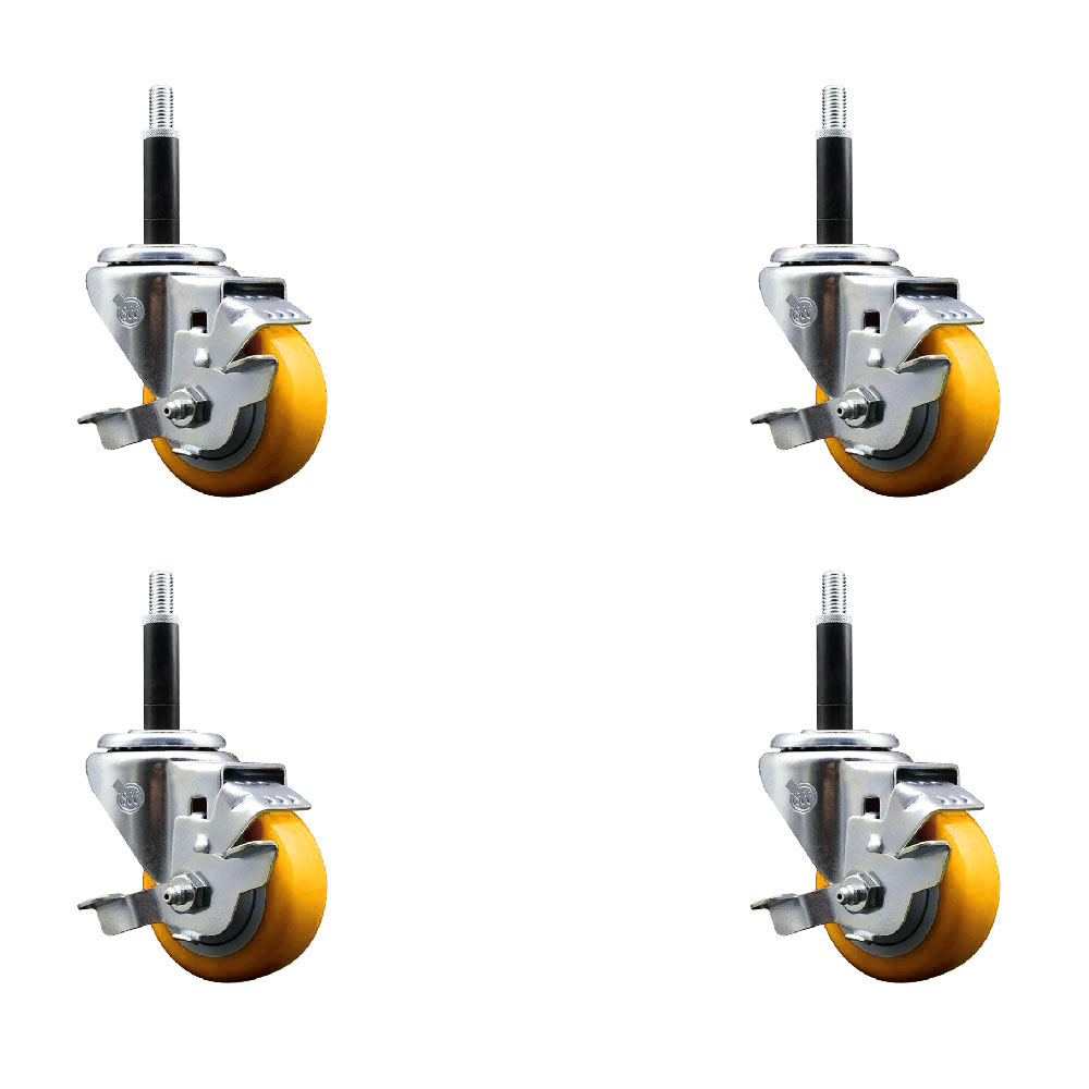 Polyurethane Swivel Expanding Stem Caster Set of 4 with 3 Inch Yellow Wheels and 3/4" Stems - Includes 4 Swivel with Top Locking Brakes - 300 lbs. Capacity Per Caster - Service Caster Brand — photo 1