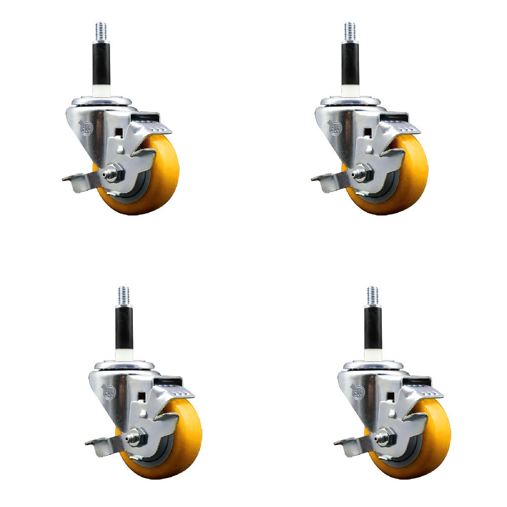 Polyurethane Swivel Expanding Stem Caster Set of 4 with 3 Inch Yellow Wheels and 7/8" Stems - Includes 4 Swivel with Top Locking Brakes - 300 lbs. Capacity Per Caster - Service Caster Brand — photo 1